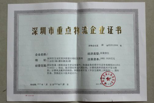 重點(diǎn)物流企業(yè)證書樣本